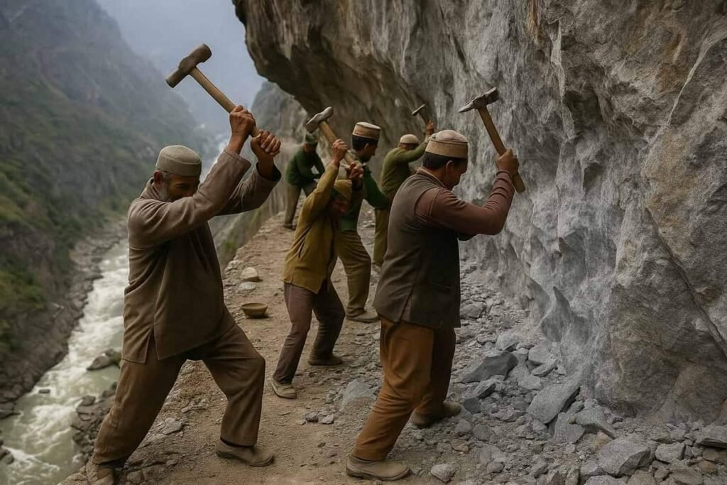 workers using hammers and chisels to cut rocks for Hindustan-Tibet Road in Kinnaur (AI Image)
