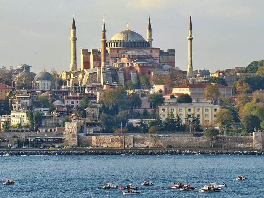 Hagia Sophia and Istanbul city skyline by waterfront