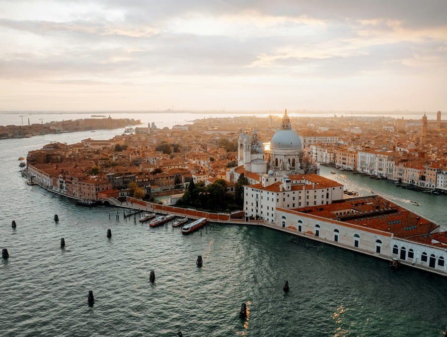 Venice city canals with historic waterfront buildings