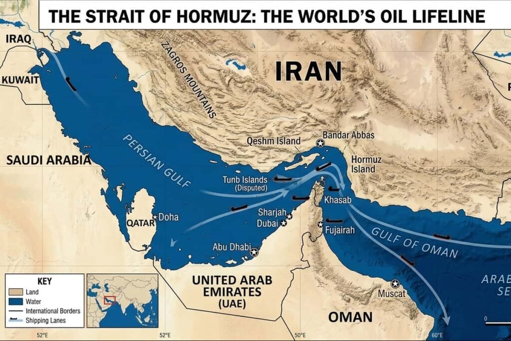 Map of the Strait of Hormuz showing oil shipping lanes between Iran and Oman