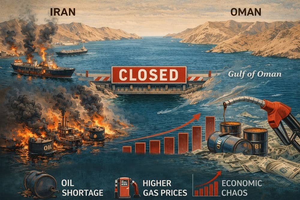 Strait of Hormuz closed showing oil tankers burning and impact on global oil supply and economy